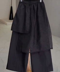 Black Mesh Spliced Casual Pants for Women - Summer Thin Straight Leg Skirt Pants, 2025 New Large Size for Petite, Y2K Style