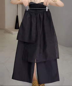 Black Mesh Spliced Casual Pants for Women - Summer Thin Straight Leg Skirt Pants, 2025 New Large Size for Petite, Y2K Style