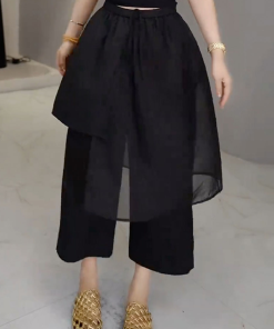 Black Mesh Spliced Casual Pants for Women - Summer Thin Straight Leg Skirt Pants, 2025 New Large Size for Petite, Y2K Style