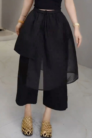 Black Mesh Spliced Casual Pants for Women - Summer Thin Straight Leg Skirt Pants, 2025 New Large Size for Petite, Y2K Style