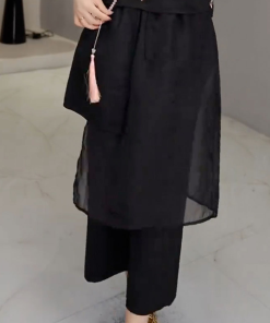 Black Mesh Spliced Casual Pants for Women - Summer Thin Straight Leg Skirt Pants, 2025 New Large Size for Petite, Y2K Style