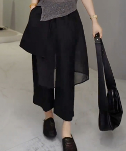 Black Mesh Spliced Casual Pants for Women - Summer Thin Straight Leg Skirt Pants, 2025 New Large Size for Petite, Y2K Style