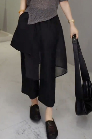 Black Mesh Spliced Casual Pants for Women - Summer Thin Straight Leg Skirt Pants, 2025 New Large Size for Petite, Y2K Style