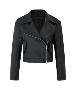 Black Minimalist Nine-Point Sleeve Leather Jacket for Women - Spring American Vintage Short Zipper Biker Outerwear