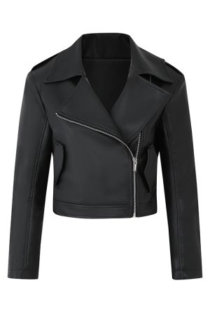 Black Minimalist Nine-Point Sleeve Leather Jacket for Women - Spring American Vintage Short Zipper Biker Outerwear