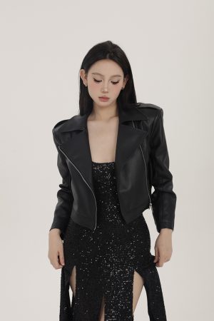 Black Minimalist Nine-Point Sleeve Leather Jacket for Women - Spring American Vintage Short Zipper Biker Outerwear