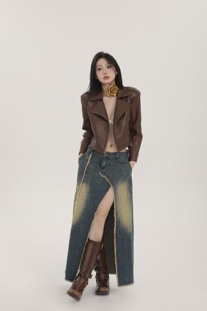 Black Minimalist Nine-Point Sleeve Leather Jacket for Women - Spring American Vintage Short Zipper Biker Outerwear
