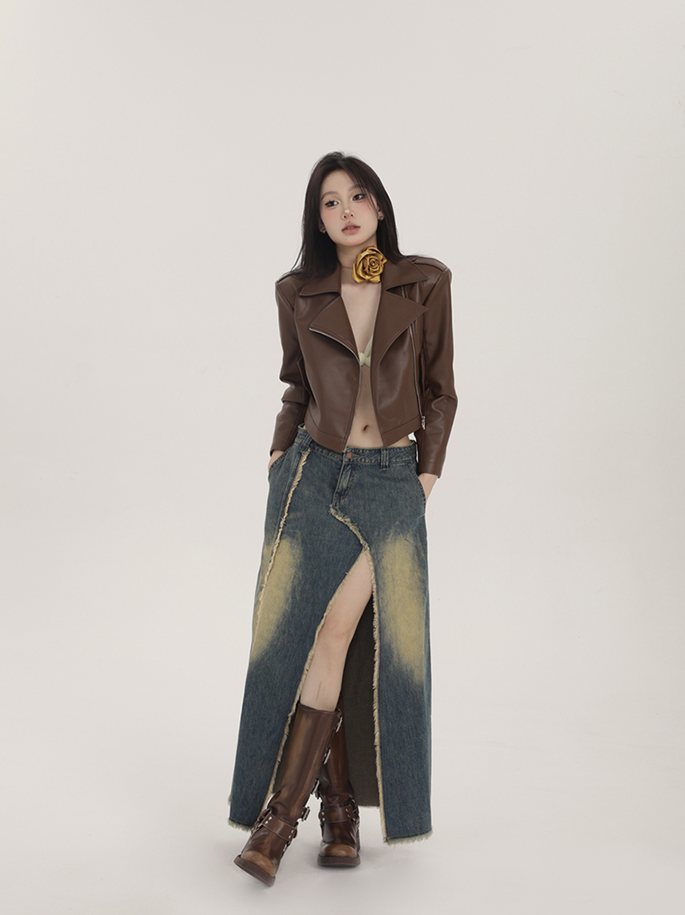 Black Minimalist Nine-Point Sleeve Leather Jacket for Women - Spring American Vintage Short Zipper Biker Outerwear Black Minimalist Nine-Point Sleeve Leather Jacket for Women - Spring American Vintage Short Zipper Biker Outerwear