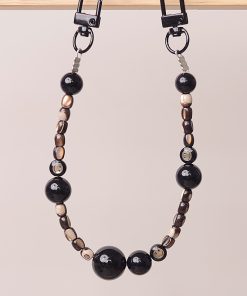 Black Obsidian Crystal Shell Smiley Face Double Buckle Mobile Phone Lanyard Bead Pendant Anti-Lost Wrist Strap