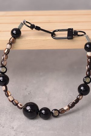 Black Obsidian Crystal Shell Smiley Face Double Buckle Mobile Phone Lanyard Bead Pendant Anti-Lost Wrist Strap