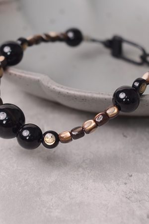 Black Obsidian Crystal Shell Smiley Face Double Buckle Mobile Phone Lanyard Bead Pendant Anti-Lost Wrist Strap
