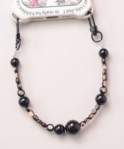 Black Obsidian Crystal Shell Smiley Face Double Buckle Mobile Phone Lanyard Bead Pendant Anti-Lost Wrist Strap