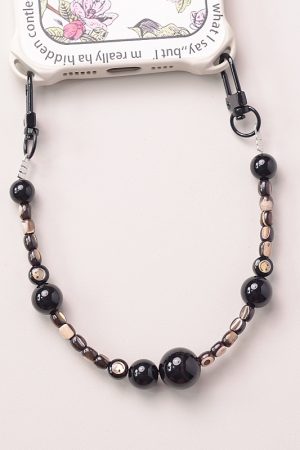 Black Obsidian Crystal Shell Smiley Face Double Buckle Mobile Phone Lanyard Bead Pendant Anti-Lost Wrist Strap
