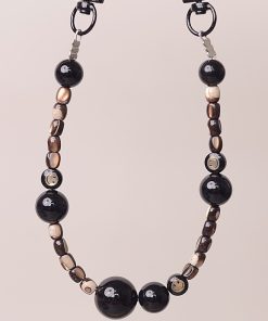 Black Obsidian Crystal Shell Smiley Face Double Buckle Mobile Phone Lanyard Bead Pendant Anti-Lost Wrist Strap