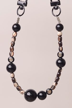 Black Obsidian Crystal Shell Smiley Face Double Buckle Mobile Phone Lanyard Bead Pendant Anti-Lost Wrist Strap