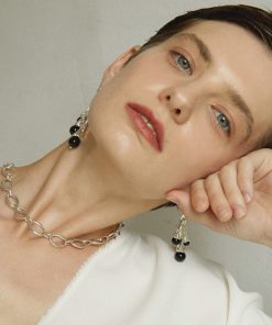 Black Onyx Three-Dimensional Pleated Dress Earrings - European Retro Design, Vintage Style, Old Money Aesthetic