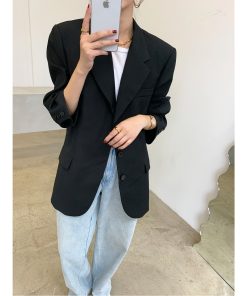 Black Oversized Casual Blazer for Women - Trendy Draped Loose Fit Suit for Spring and Autumn Fashion