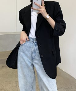 Black Oversized Casual Blazer for Women - Trendy Draped Loose Fit Suit for Spring and Autumn Fashion