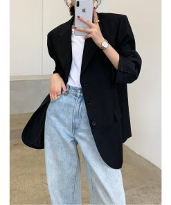 Black Oversized Casual Blazer for Women - Trendy Draped Loose Fit Suit for Spring and Autumn Fashion