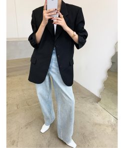 Black Oversized Casual Blazer for Women - Trendy Draped Loose Fit Suit for Spring and Autumn Fashion
