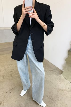 Black Oversized Casual Blazer for Women - Trendy Draped Loose Fit Suit for Spring and Autumn Fashion