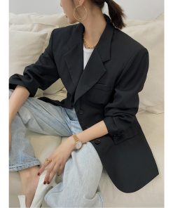 Black Oversized Casual Blazer for Women - Trendy Draped Loose Fit Suit for Spring and Autumn Fashion
