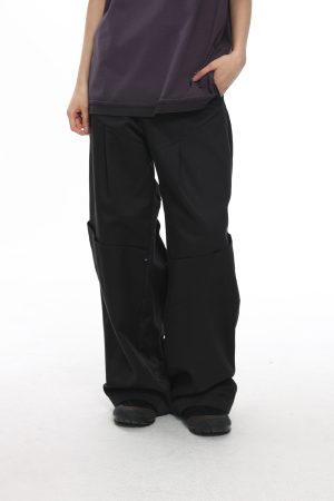 Black Oversized Wide-Leg Pants with Diagonal Structure - Trendy Y2K Style Fashion Trousers for Effortless Chic Looks