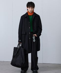 Black Oversized Woolen Triangle Buckle Trench Coat for Women - Stylish Outerwear, Trendy Layering Piece, Fall Fashion Essential