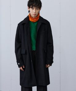 Black Oversized Woolen Triangle Buckle Trench Coat for Women - Stylish Outerwear, Trendy Layering Piece, Fall Fashion Essential