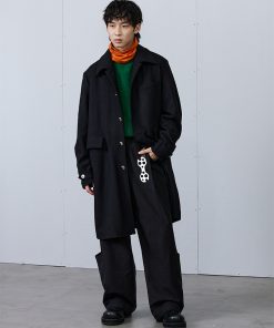 Black Oversized Woolen Triangle Buckle Trench Coat for Women - Stylish Outerwear, Trendy Layering Piece, Fall Fashion Essential