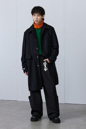 Black Oversized Woolen Triangle Buckle Trench Coat for Women - Stylish Outerwear, Trendy Layering Piece, Fall Fashion Essential
