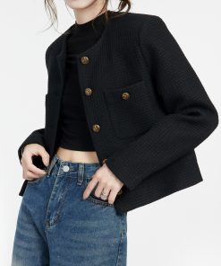 Black Petite Chanel-Style Coat for Women, 2025 Spring Fashion, Elegant Short Coat for Socialites, Trendy Gentle Style