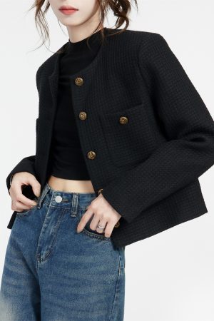 Black Petite Chanel-Style Coat for Women, 2025 Spring Fashion, Elegant Short Coat for Socialites, Trendy Gentle Style