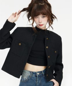 Black Petite Chanel-Style Coat for Women, 2025 Spring Fashion, Elegant Short Coat for Socialites, Trendy Gentle Style