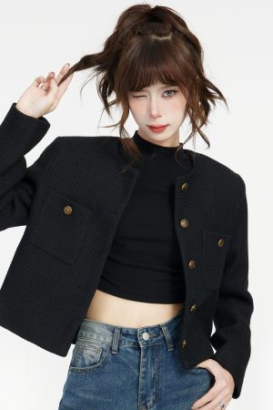 Black Petite Chanel-Style Coat for Women, 2025 Spring Fashion, Elegant Short Coat for Socialites, Trendy Gentle Style