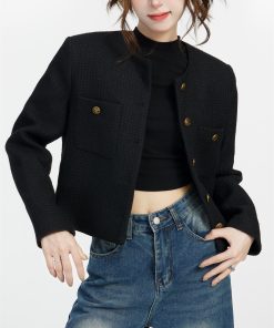 Black Petite Chanel-Style Coat for Women, 2025 Spring Fashion, Elegant Short Coat for Socialites, Trendy Gentle Style