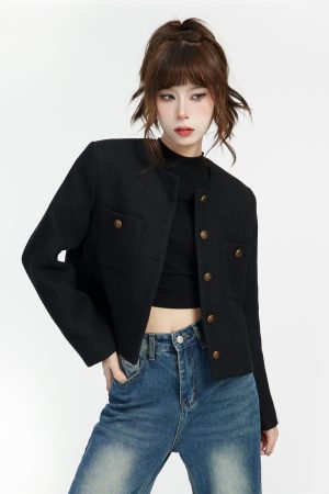 Black Petite Chanel-Style Coat for Women, 2025 Spring Fashion, Elegant Short Coat for Socialites, Trendy Gentle Style