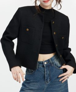 Black Petite Chanel-Style Coat for Women, 2025 Spring Fashion, Elegant Short Coat for Socialites, Trendy Gentle Style