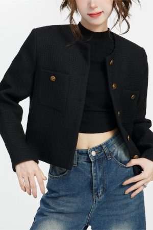 Black Petite Chanel-Style Coat for Women, 2025 Spring Fashion, Elegant Short Coat for Socialites, Trendy Gentle Style