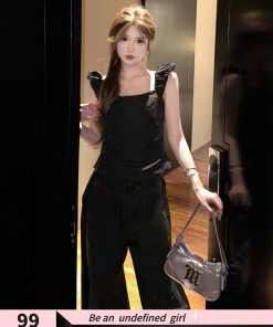 Black Pleated Short Vest Camisole for Women â€“ Waist-Cinching, Slimming Summer Top with Versatile Floor-Length Flared Pants