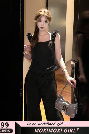 Black Pleated Short Vest Camisole for Women â€“ Waist-Cinching, Slimming Summer Top with Versatile Floor-Length Flared Pants