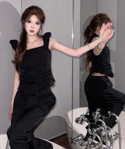 Black Pleated Short Vest Camisole for Women – Waist-Cinching, Slimming Summer Top with Versatile Floor-Length Flared Pants