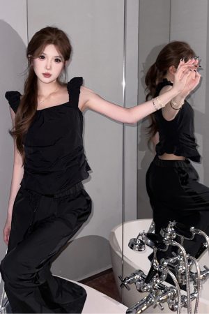 Black Pleated Short Vest Camisole for Women â€“ Waist-Cinching, Slimming Summer Top with Versatile Floor-Length Flared Pants