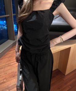 Black Pleated Short Vest Camisole for Women â€“ Waist-Cinching, Slimming Summer Top with Versatile Floor-Length Flared Pants