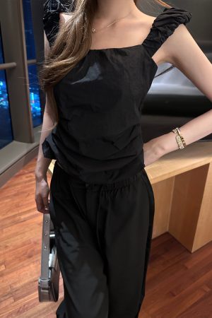 Black Pleated Short Vest Camisole for Women â€“ Waist-Cinching, Slimming Summer Top with Versatile Floor-Length Flared Pants