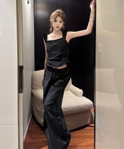 Black Pleated Short Vest Camisole for Women – Waist-Cinching, Slimming Summer Top with Versatile Floor-Length Flared Pants