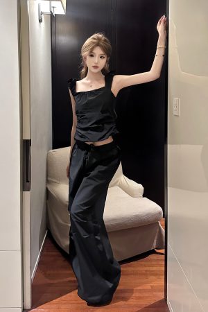 Black Pleated Short Vest Camisole for Women â€“ Waist-Cinching, Slimming Summer Top with Versatile Floor-Length Flared Pants