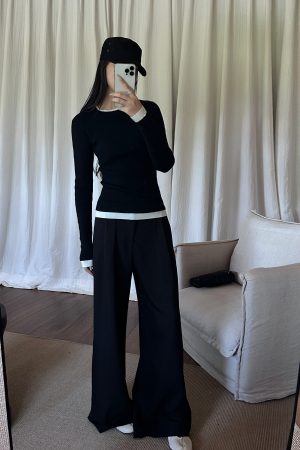 Black Pleated Wide-Leg Suit Pants in Ultra-Thick TR Fabric - Spring/Summer 2025 Fashion, Trendy and Stylish for Effortless Elegance