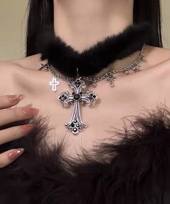 Black Plush Cross Necklace Y2K Gothic Choker Neck Chain for Girls | Subculture Collarbone Accessory