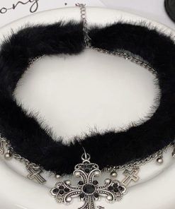 Black Plush Cross Necklace Y2K Gothic Choker Neck Chain for Girls | Subculture Collarbone Accessory